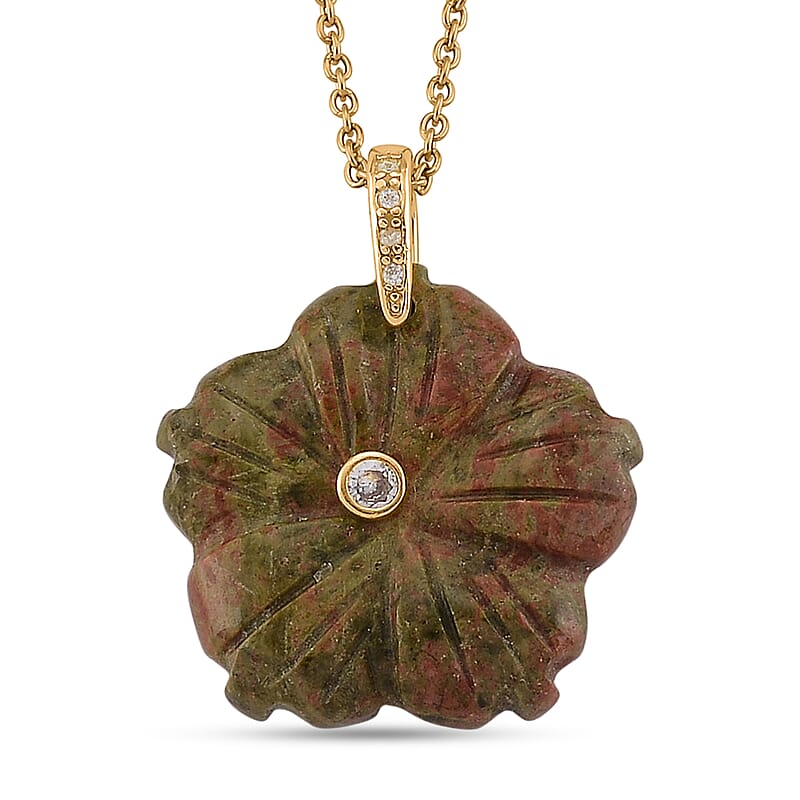 Unakite and Austrian Crystal 25.00 ctw Pendant in Goldtone with ION Plated YG Stainless Steel Necklace 20 Inches