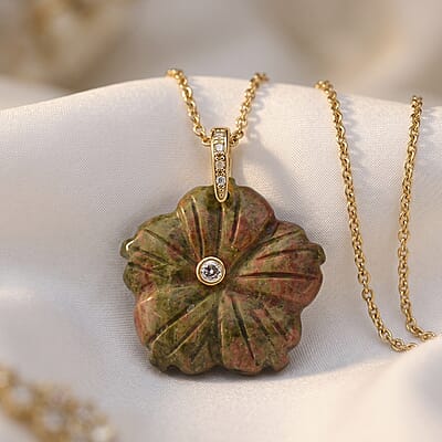 Unakite and Austrian Crystal 25.00 ctw Pendant in Goldtone with ION Plated YG Stainless Steel Necklace 20 Inches