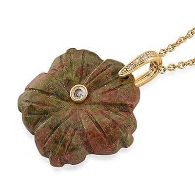 Unakite and Austrian Crystal 25.00 ctw Pendant in Goldtone with ION Plated YG Stainless Steel Necklace 20 Inches