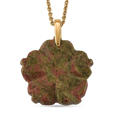 Unakite and Austrian Crystal 25.00 ctw Pendant in Goldtone with ION Plated YG Stainless Steel Necklace 20 Inches