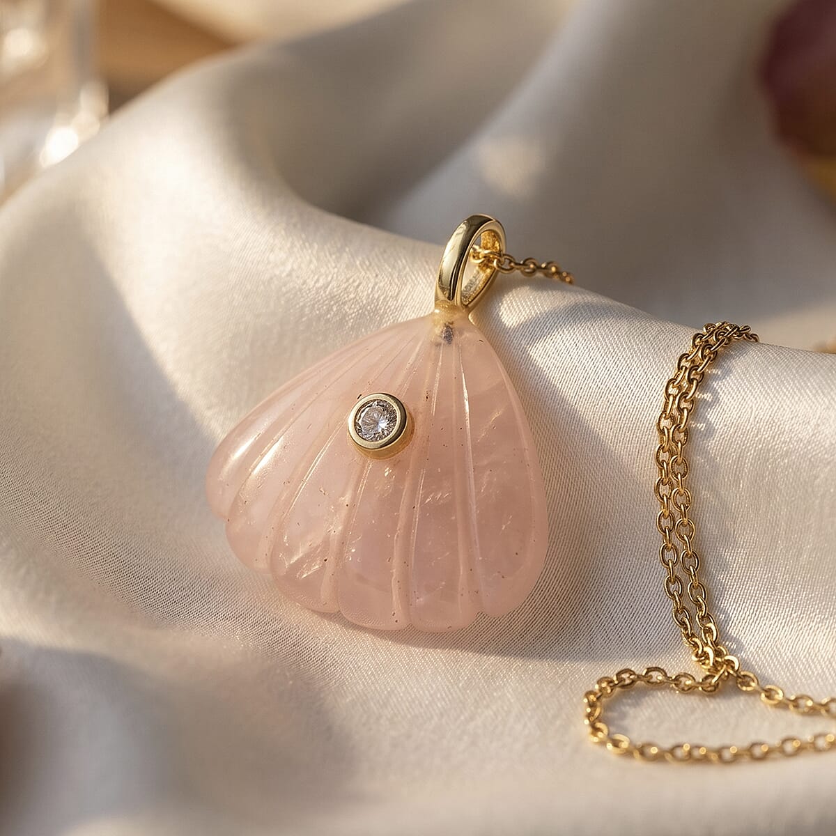Roe Quartz and Austrian Crystal 10.00 ctw Pendant in Goldtone with ION Plated YG Stainless Steel Necklace 20 Inches image number 1