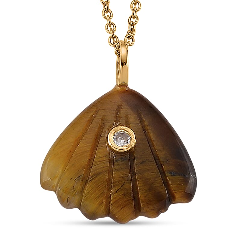 Yellow Tigers Eye and Austrian Crystal 10.00 ctw Pendant in Goldtone with ION Plated YG Stainless Steel Necklace 20 Inches