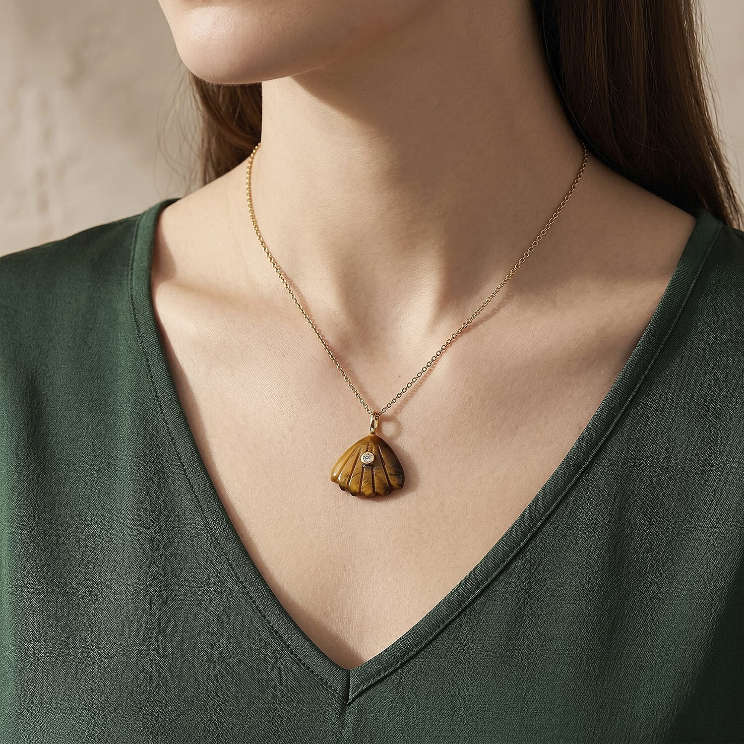 Yellow Tigers Eye and Austrian Crystal 10.00 ctw Pendant in Goldtone with ION Plated YG Stainless Steel Necklace 20 Inches