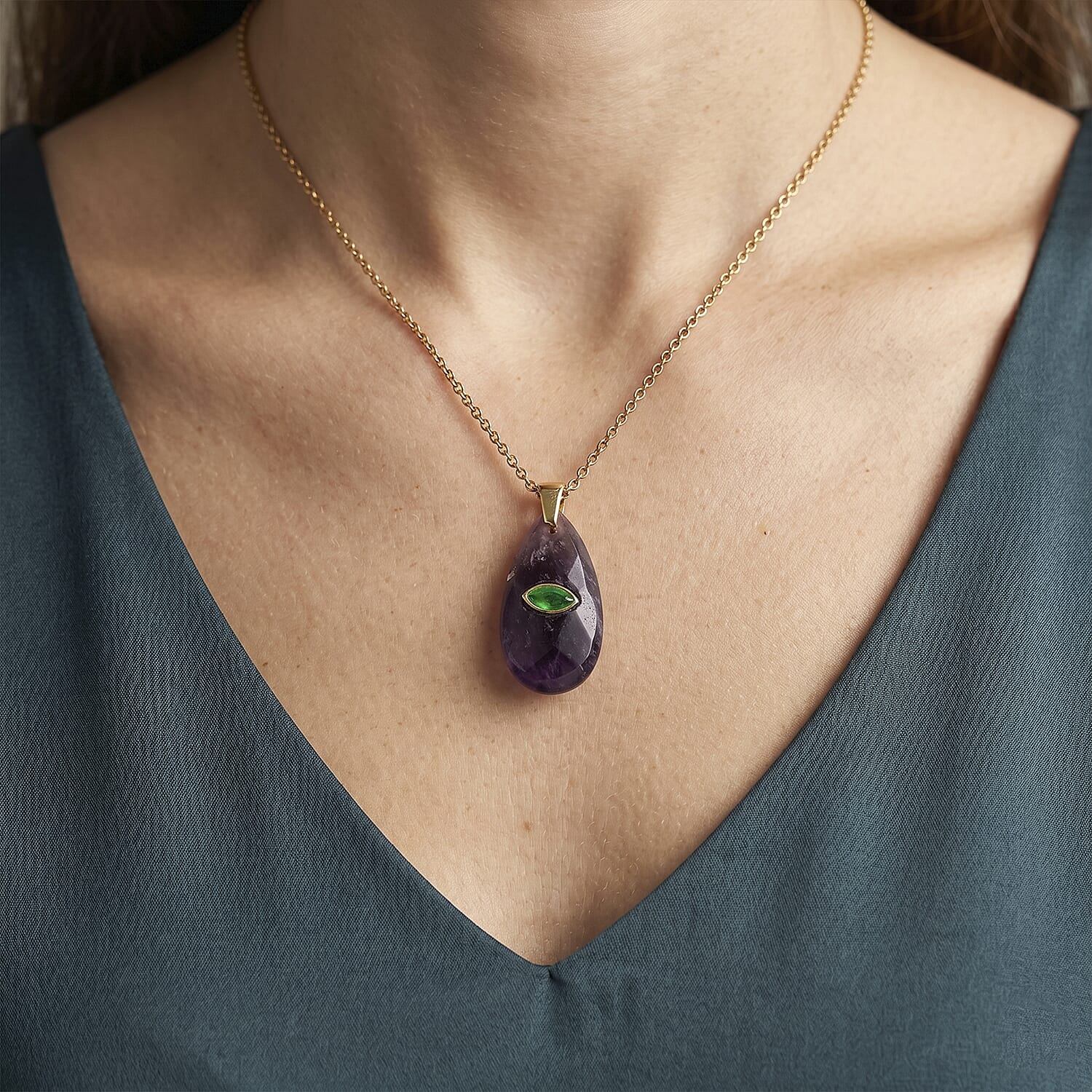 African Amethyst and Austrian Crystal 10.00 ctw Pendant in Goldtone with ION Plated YG Stainless Steel Necklace 20 Inches