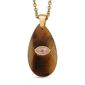 Yellow Tigers Eye and Austrian Crystal 10.00 ctw Pendant in Goldtone with ION Plated YG Stainless Steel Necklace 20 Inches