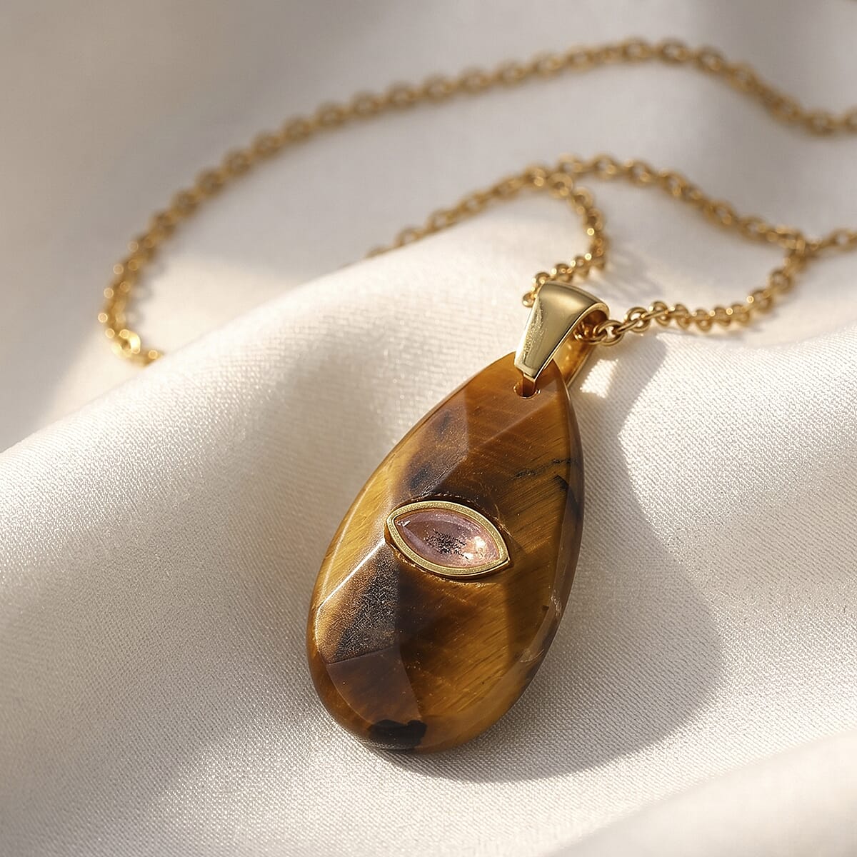 Yellow Tigers Eye and Austrian Crystal 10.00 ctw Pendant in Goldtone with ION Plated YG Stainless Steel Necklace 20 Inches image number 1