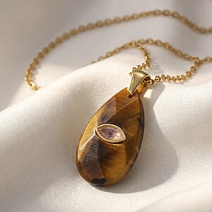 Yellow Tigers Eye and Austrian Crystal 10.00 ctw Pendant in Goldtone with ION Plated YG Stainless Steel Necklace 20 Inches