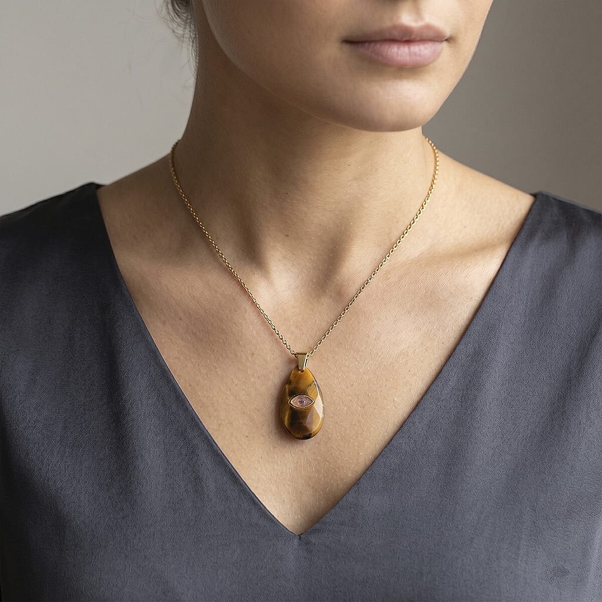 Yellow Tigers Eye and Austrian Crystal 10.00 ctw Pendant in Goldtone with ION Plated YG Stainless Steel Necklace 20 Inches image number 2
