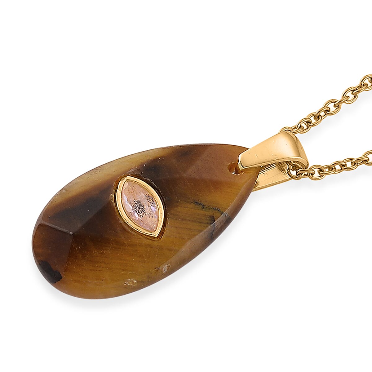 Yellow Tigers Eye and Austrian Crystal 10.00 ctw Pendant in Goldtone with ION Plated YG Stainless Steel Necklace 20 Inches image number 3