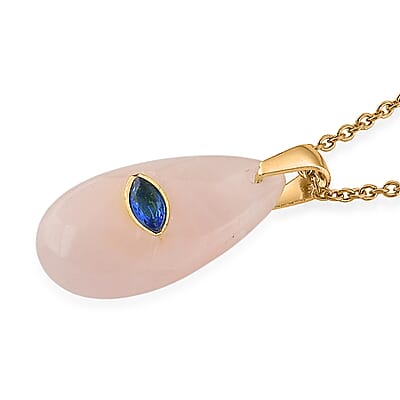 Rose Quartz and Austrian Crystal 10.00 ctw Pendant in Goldtone with ION Plated YG Stainless Steel Necklace 20 Inches