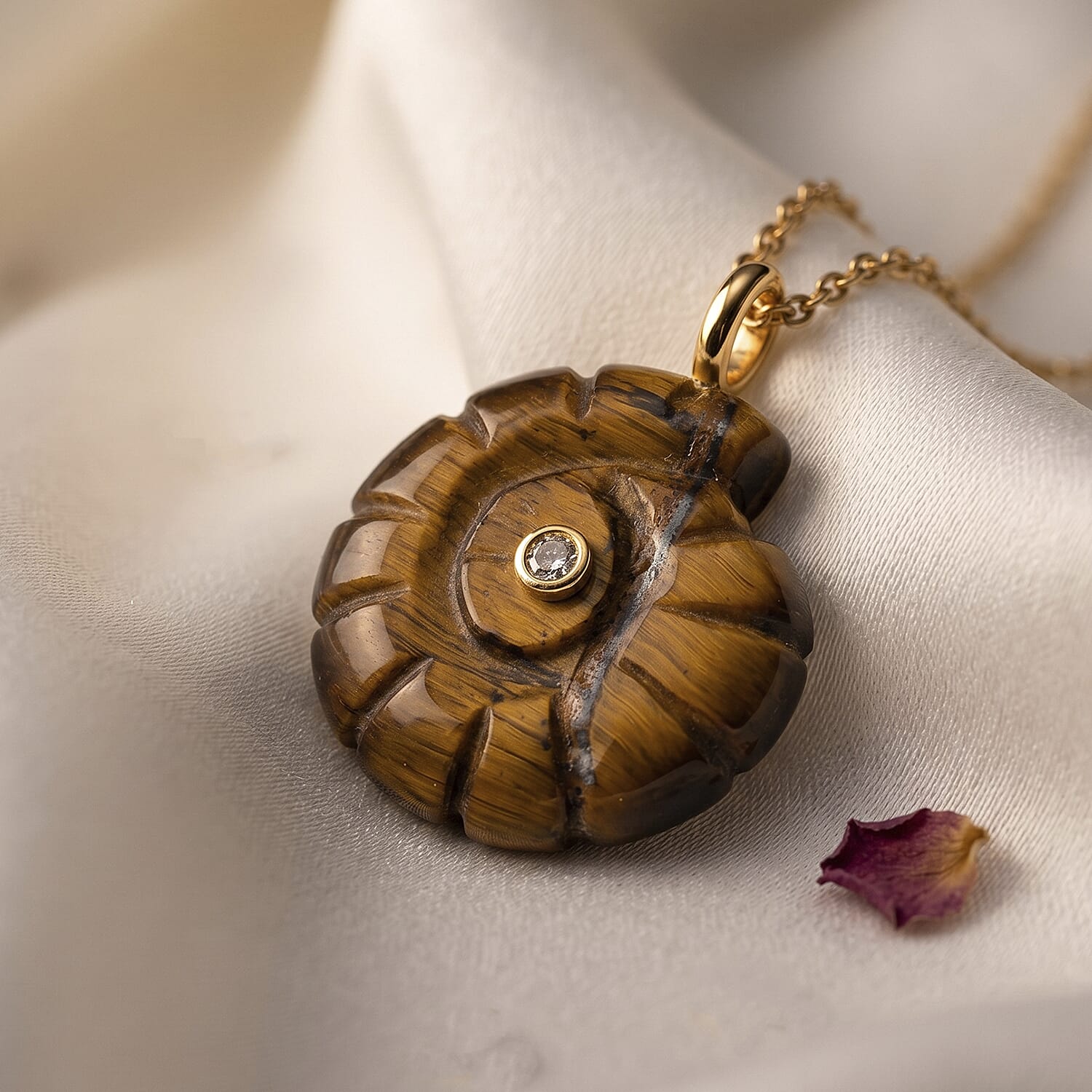 Yellow Tigers Eye and Austrian Crystal 35.00 ctw Pendant in Goldtone with ION Plated YG Stainless Steel Necklace 20 Inches
