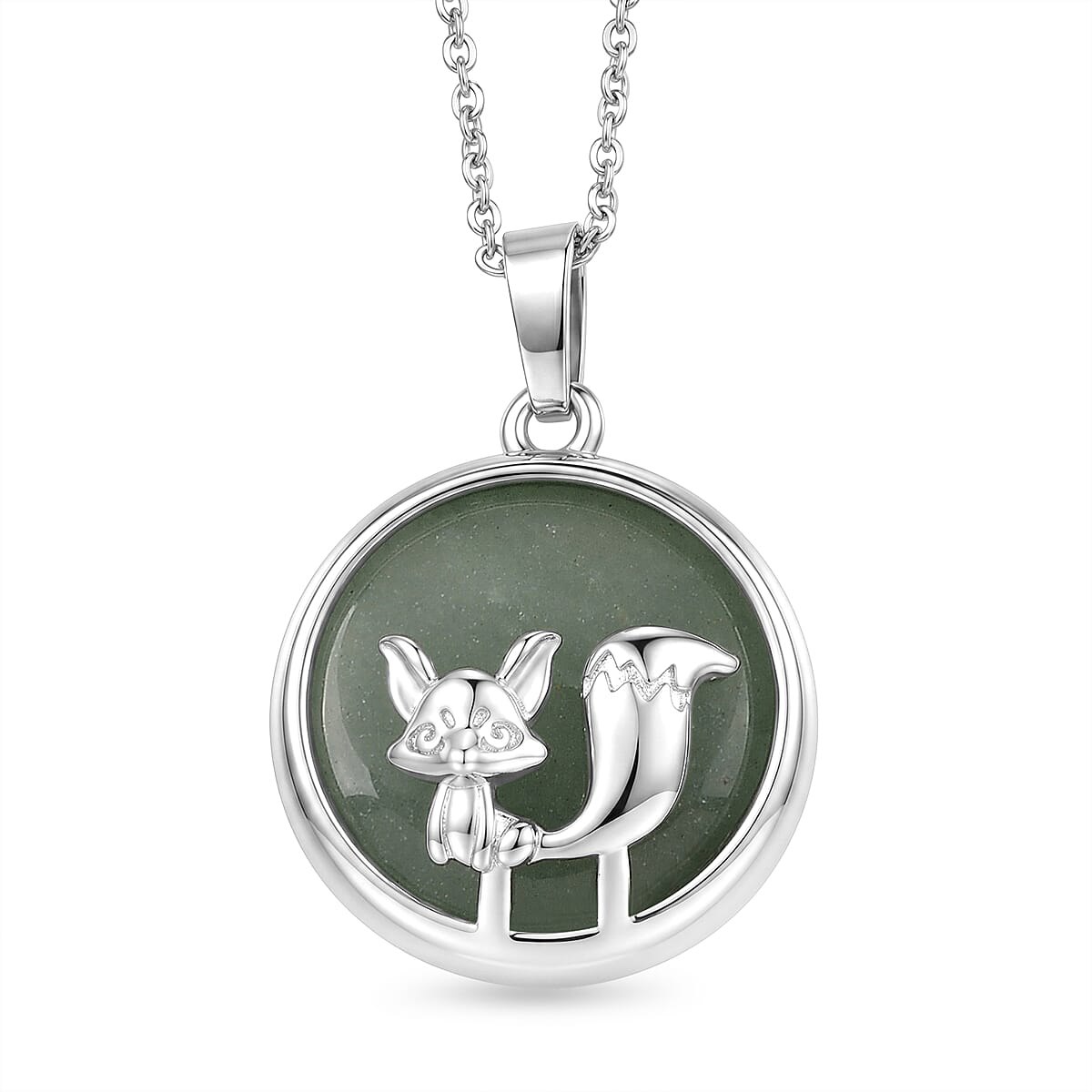 Green Aventurine 25.00 ctw Pendant in Silvertone with Stainless Steel Necklace 20 Inches