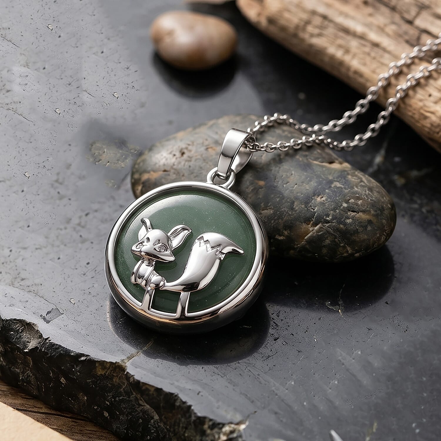 Green Aventurine 25.00 ctw Pendant in Silvertone with Stainless Steel Necklace 20 Inches