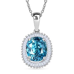 Luxoro AAA Cambodian Blue Zircon and Diamond I2 5.10 ctw Ocean Starlight Halo Pendant Necklace in 10K White Gold (20 Inches)