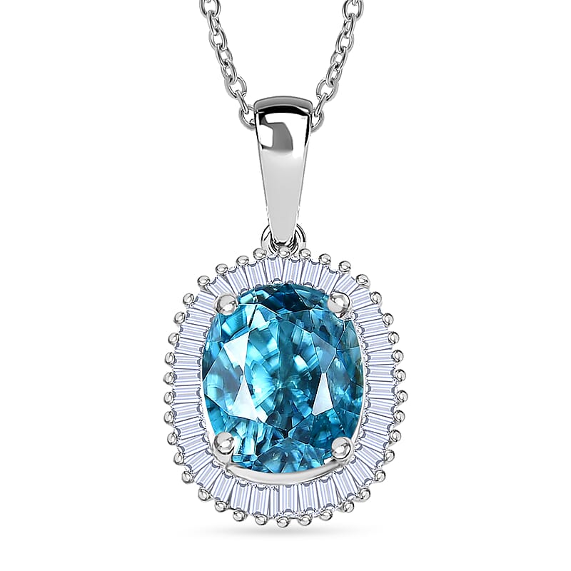 Luxoro AAA Cambodian Blue Zircon and Diamond I2 5.10 ctw Ocean Starlight Halo Pendant Necklace in 10K White Gold (20 Inches)