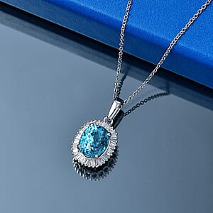 Luxoro AAA Cambodian Blue Zircon and Diamond I2 5.10 ctw Ocean Starlight Halo Pendant Necklace in 10K White Gold (20 Inches)