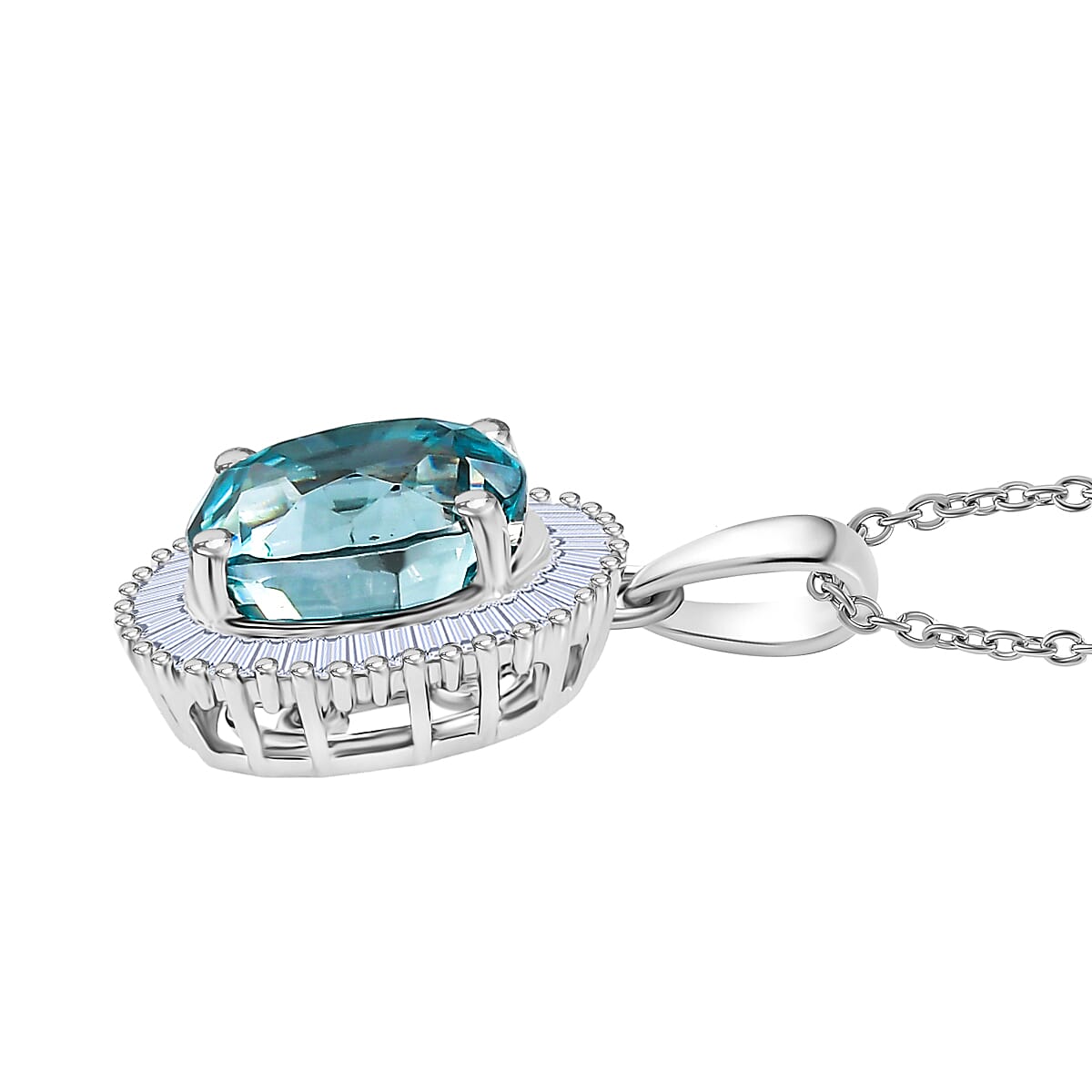 Luxoro AAA Cambodian Blue Zircon and Diamond I2 5.10 ctw Ocean Starlight Halo Pendant Necklace in 10K White Gold (20 Inches) image number 3