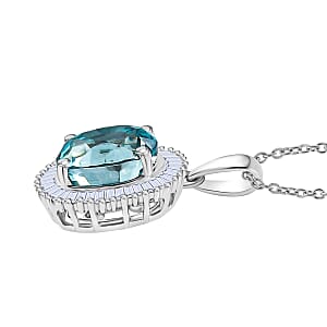 Luxoro AAA Cambodian Blue Zircon and Diamond I2 5.10 ctw Ocean Starlight Halo Pendant Necklace in 10K White Gold (20 Inches)