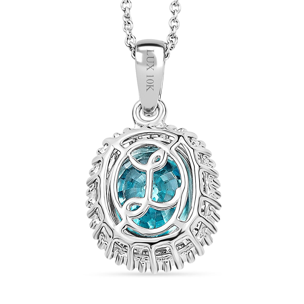 Luxoro AAA Cambodian Blue Zircon and Diamond I2 5.10 ctw Ocean Starlight Halo Pendant Necklace in 10K White Gold (20 Inches) image number 4