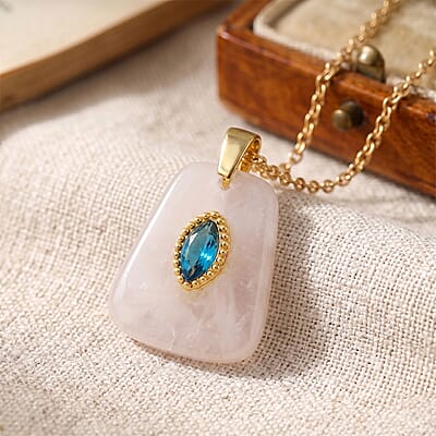 White Quartz and Austrian Crystal 15.00 ctw Pendant in Goldtone with ION Plated YG Stainless Steel Necklace 20 Inches