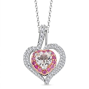 D'Joy White Topaz and Madagascar Pink Sapphire 1.75 ctw Pendant Necklace in Rhodium Over Sterling Silver 20 Inches 