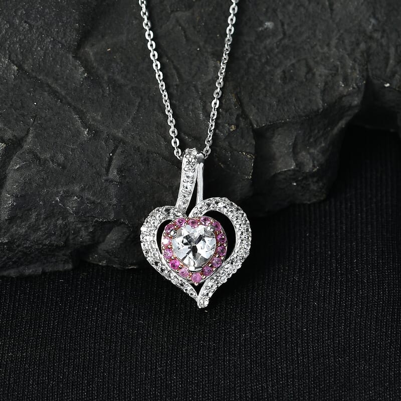 D'Joy White Topaz and Madagascar Pink Sapphire 1.75 ctw Twin Heart Romance Pendant Necklace in Rhodium Over Sterling Silver 20 Inches