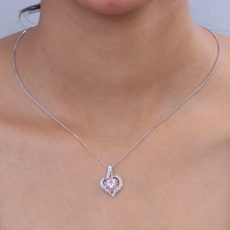 D'Joy White Topaz and Madagascar Pink Sapphire 1.75 ctw Twin Heart Romance Pendant Necklace in Rhodium Over Sterling Silver 20 Inches