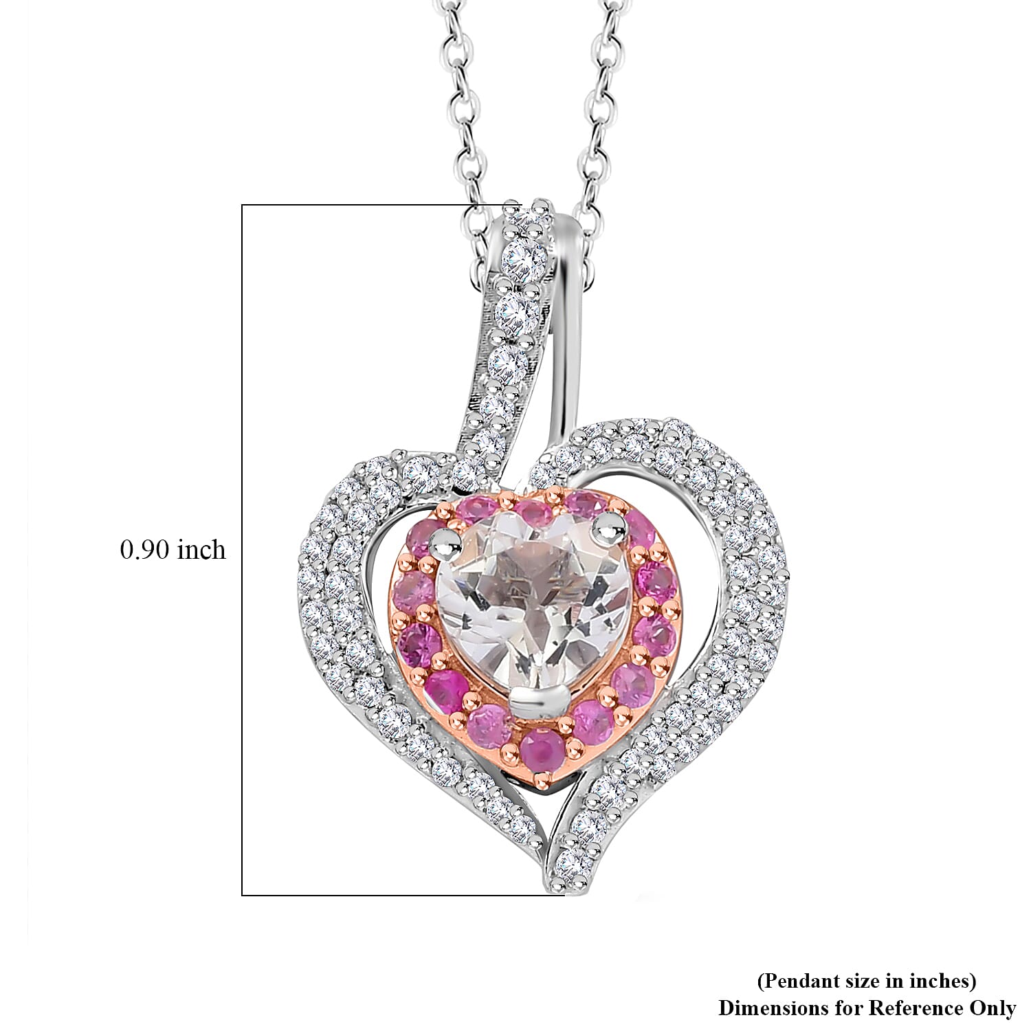 D'Joy White Topaz and Madagascar Pink Sapphire 1.75 ctw Twin Heart Romance Pendant Necklace in Rhodium Over Sterling Silver 20 Inches