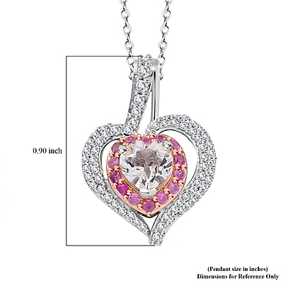 D'Joy White Topaz and Madagascar Pink Sapphire 1.75 ctw Twin Heart Romance Pendant Necklace in Rhodium Over Sterling Silver 20 Inches