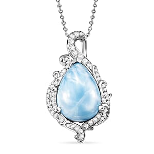D'Joy AAA Larimar and Moissanite 6.40 ctw Ocean Lace Drop Pendant Necklace in Rhodium Over Sterling Silver 20 Inches