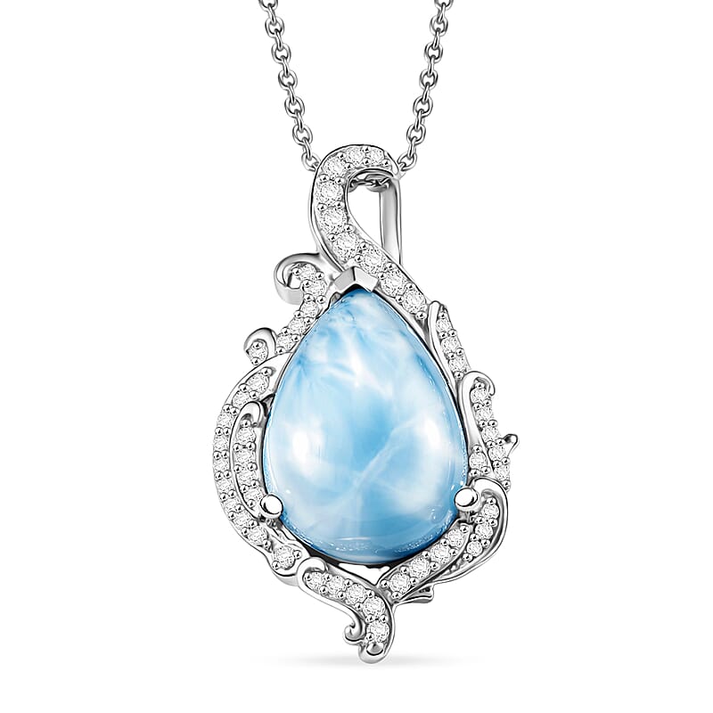 D'Joy AAA Larimar and Moissanite 6.40 ctw Ocean Lace Drop Pendant Necklace in Rhodium Over Sterling Silver 20 Inches