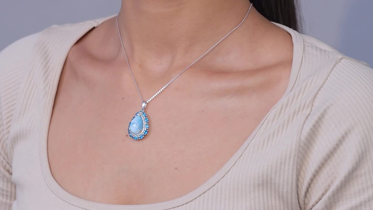 D'Joy AAA Larimar and Moissanite 6.40 ctw Ocean Lace Drop Pendant Necklace in Rhodium Over Sterling Silver 20 Inches