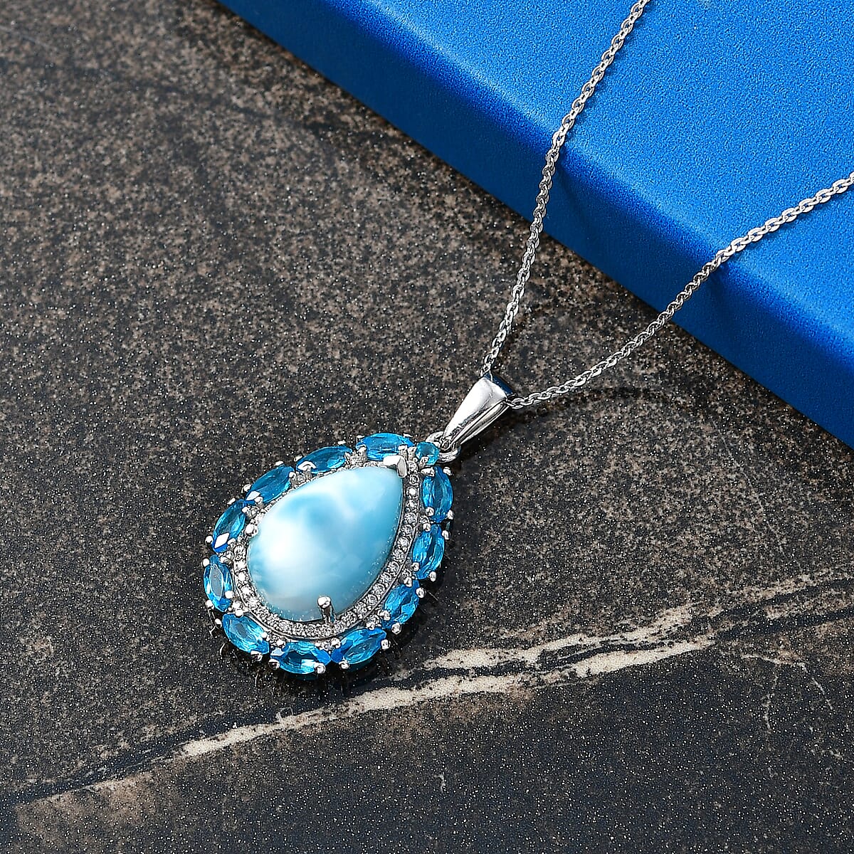 D'Joy AAA Larimar and Moissanite 6.40 ctw Ocean Lace Drop Pendant Necklace in Rhodium Over Sterling Silver 20 Inches image number 1