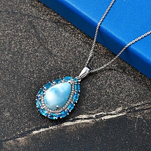D'Joy AAA Larimar and Moissanite 6.40 ctw Ocean Lace Drop Pendant Necklace in Rhodium Over Sterling Silver 20 Inches