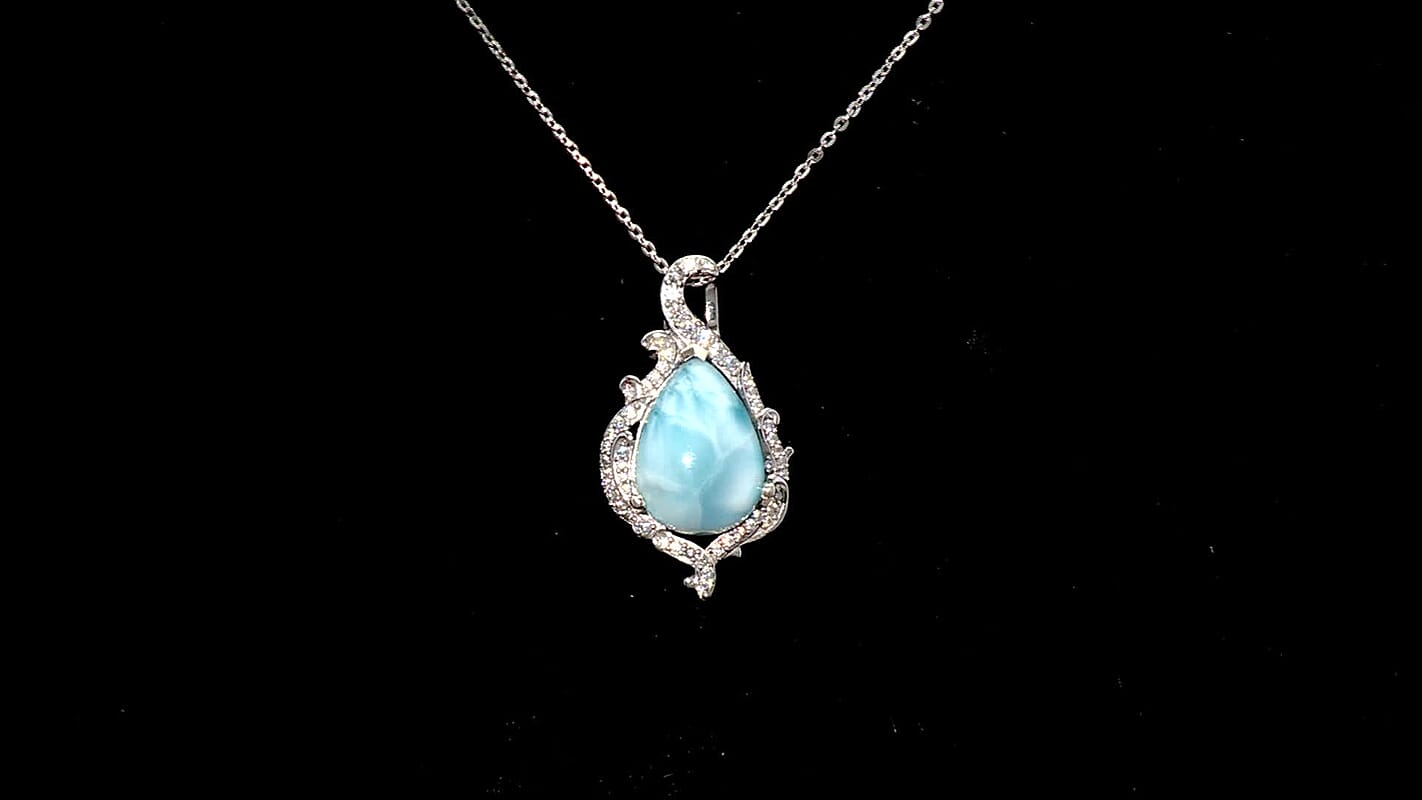 D'Joy AAA Larimar and Moissanite 6.40 ctw Ocean Lace Drop Pendant Necklace in Rhodium Over Sterling Silver 20 Inches