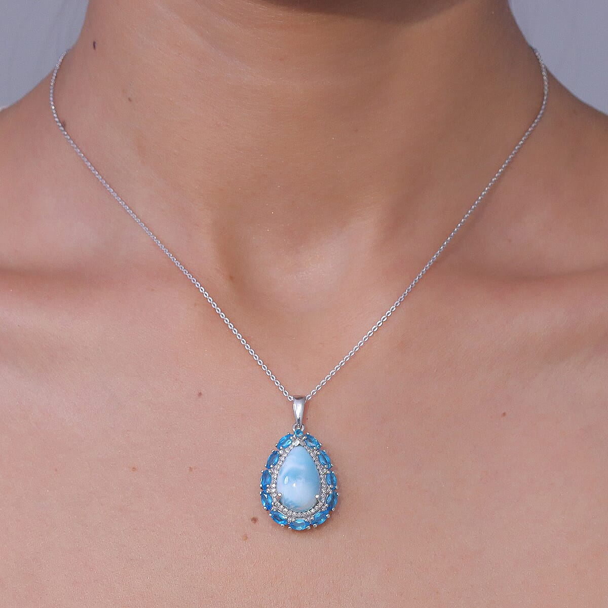 D'Joy AAA Larimar and Moissanite 6.40 ctw Ocean Lace Drop Pendant Necklace in Rhodium Over Sterling Silver 20 Inches image number 2