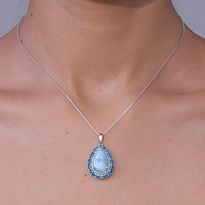 D'Joy AAA Larimar and Moissanite 6.40 ctw Ocean Lace Drop Pendant Necklace in Rhodium Over Sterling Silver 20 Inches