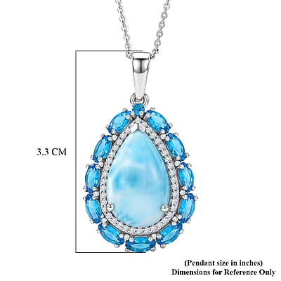 D'Joy AAA Larimar and Moissanite 6.40 ctw Ocean Lace Drop Pendant Necklace in Rhodium Over Sterling Silver 20 Inches