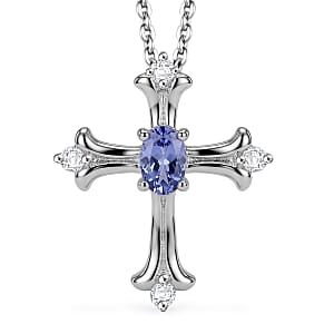 D'Joy Tanzanite and Moissanite 0.40 ctw Cross Pendant Necklace in Rhodium Over Sterling Silver 20 Inches 