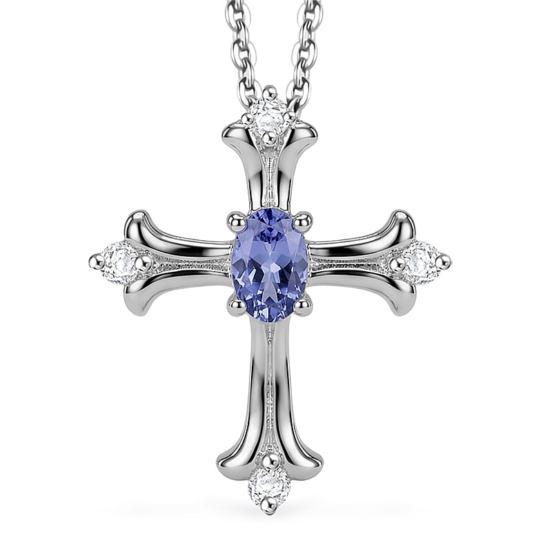 D'Joy Tanzanite and Moissanite 0.40 ctw Cross Pendant Necklace in Rhodium Over Sterling Silver 20 Inches