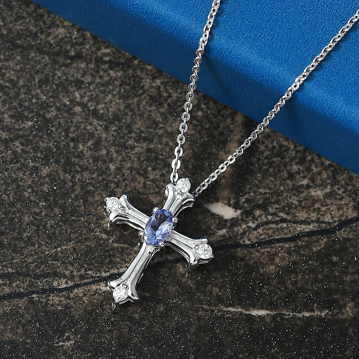 D'Joy Tanzanite and Moissanite 0.40 ctw Cross Pendant Necklace in Rhodium Over Sterling Silver 20 Inches  image number 1