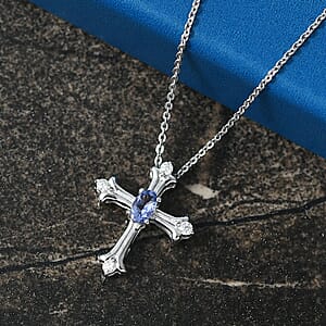 D'Joy Tanzanite and Moissanite 0.40 ctw Cross Pendant Necklace in Rhodium Over Sterling Silver 20 Inches 