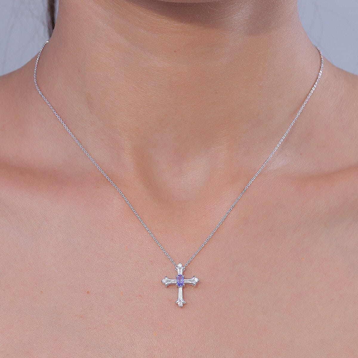 D'Joy Tanzanite and Moissanite 0.40 ctw Cross Pendant Necklace in Rhodium Over Sterling Silver 20 Inches  image number 2