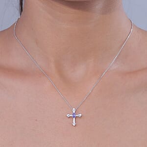 D'Joy Tanzanite and Moissanite 0.40 ctw Cross Pendant Necklace in Rhodium Over Sterling Silver 20 Inches 