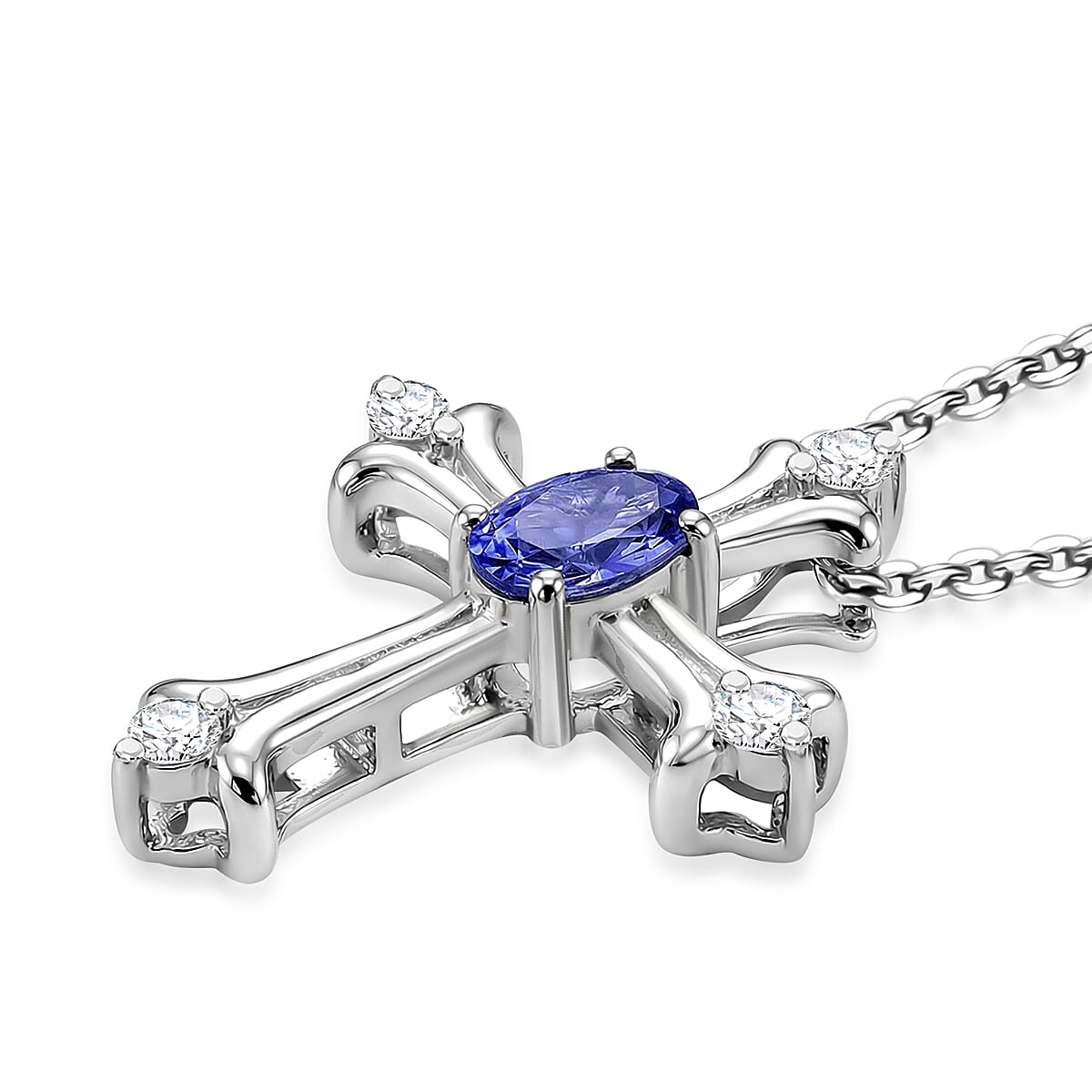 D'Joy Tanzanite and Moissanite 0.40 ctw Cross Pendant Necklace in Rhodium Over Sterling Silver 20 Inches  image number 3