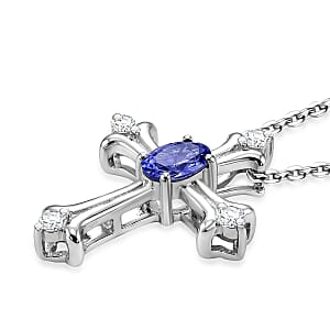 D'Joy Tanzanite and Moissanite 0.40 ctw Cross Pendant Necklace in Rhodium Over Sterling Silver 20 Inches 