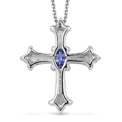 D'Joy Tanzanite and Moissanite 0.40 ctw Cross Pendant Necklace in Rhodium Over Sterling Silver 20 Inches