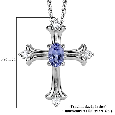 D'Joy Tanzanite and Moissanite 0.40 ctw Cross Pendant Necklace in Rhodium Over Sterling Silver 20 Inches