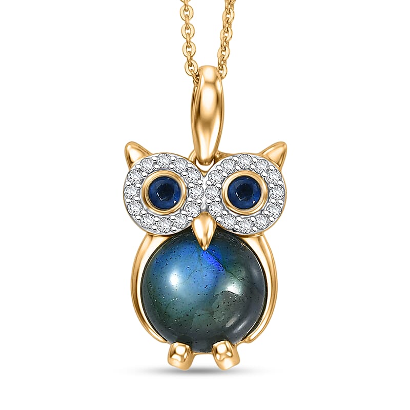 GP Malagasy Labradorite and Multi Gemstone 4.70 ctw Owl Pendant Necklace in 18K Vermeil Yellow Gold Over Sterling Silver (20 Inches)