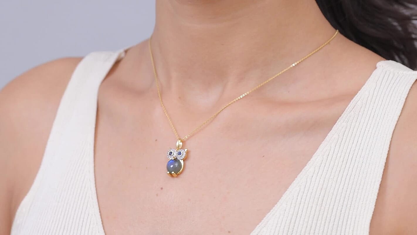 GP Malagasy Labradorite and Multi Gemstone 4.70 ctw Owl Pendant Necklace in 18K Vermeil Yellow Gold Over Sterling Silver (20 Inches)